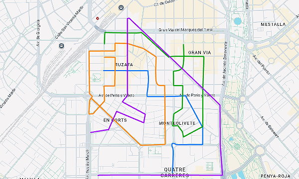 Cuatro rutas de alumnos superpuestas sobre el mapa, cada una de un color